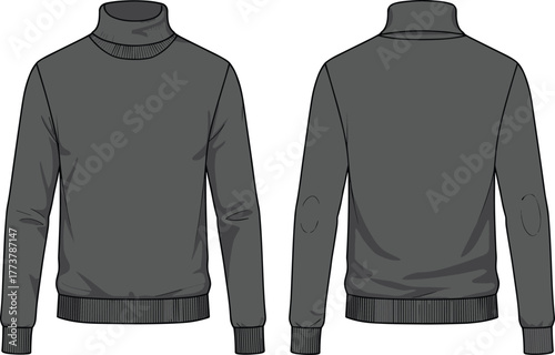 Dark gray turtleneck sweater front and back view with ribbed collar, cuffs, waistband, and elbow patches fashion vector illustration