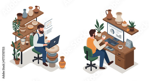 Creative workspace: pottery and digital design in modern isometric style