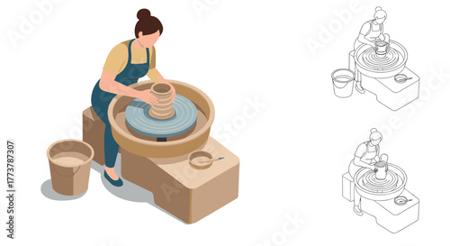 Isometric pottery workshop with potter shaping clay on wheel