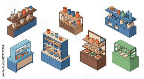 Isometric kitchen shelves with crockery and containers in modern design