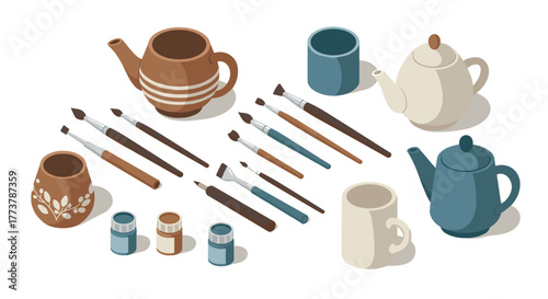 Isometric teapots and paintbrushes: creative tea and art supplies scene