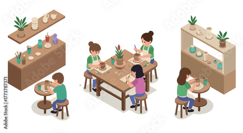 Pottery workshop creativity with kids in isometric style