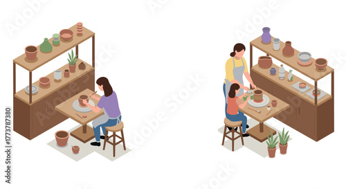 Isometric pottery class scene with people crafting clay pots