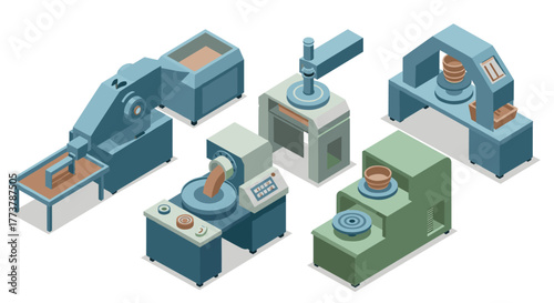 Isometric factory machines set for industrial automation and manufacturing design