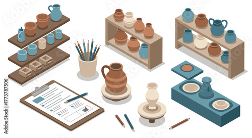 Isometric pottery studio with ceramic vases, shelves, and art supplies