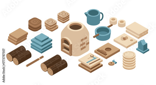 Isometric pottery workshop elements with clay tools and equipment