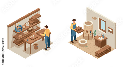 Isometric home woodworking workshop and pottery studio with craftsman in action