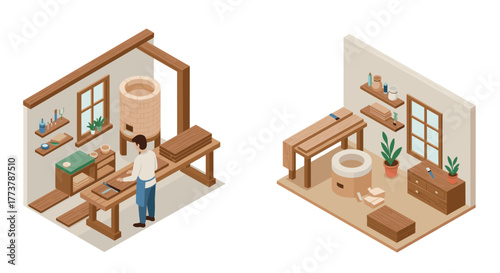 Isometric workshop scenes with carpenter and pottery studio