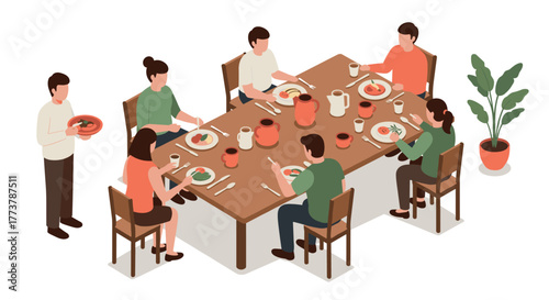 Family gathering with friends enjoying dinner around a modern dining table in isometric view