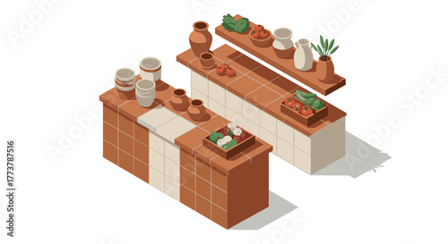 Isometric ceramic kitchen counters with pots and vegetables in earthy tones