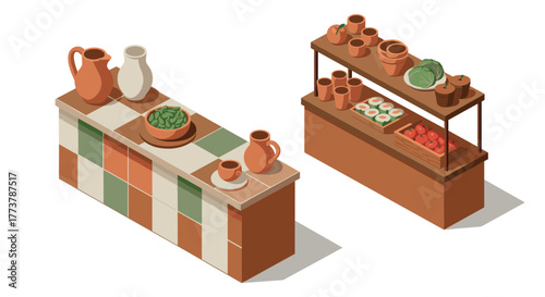 Rustic kitchen counters with terra cotta pots and fresh produce in isometric design