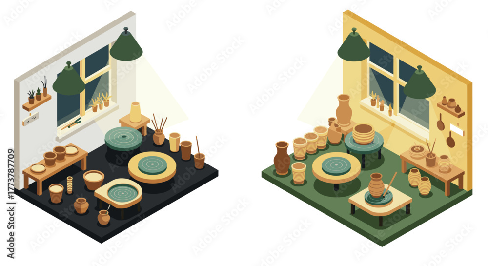 Fototapeta premium Cozy isometric ceramic studio with pottery wheels and clay crafts in a dual room setting