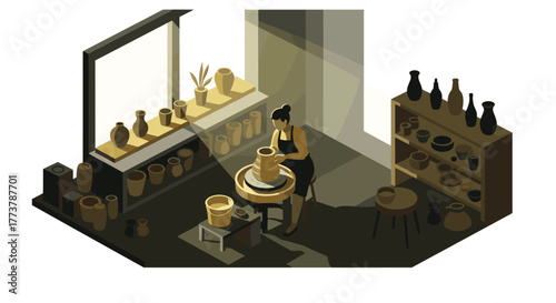 Isometric pottery workshop with woman sculpting clay in minimalistic studio