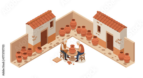 Traditional pottery workshop in a rustic village setting with isometric style