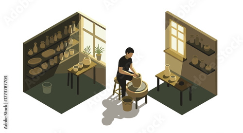 Isometric pottery studio with artisan crafting clay in cozy workshop setting