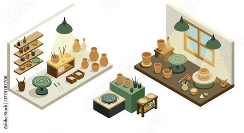 Isometric pottery workshop interior with wheel and sculpting tools in warm tones