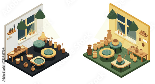 Cozy isometric ceramic studio with pottery wheels and clay crafts in a dual room setting