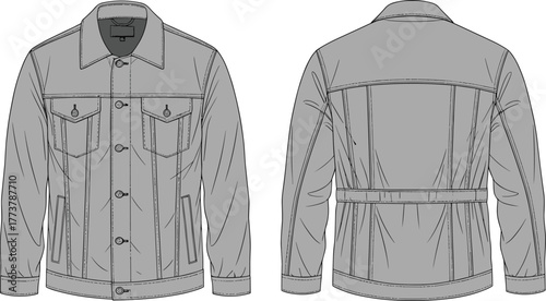 Technical flat sketch of classic denim jacket front and back view with detailed seams, pockets, buttons, collar and waistband tabs.