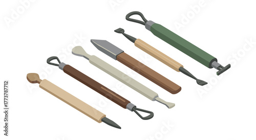 Collection of sculpting tools in isometric style on white background