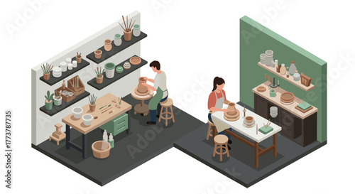 Cozy pottery studio scene with artists crafting ceramics in isometric style