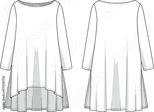 Women's tunic top technical fashion sketch with asymmetrical high-low hem, long sleeves, side godet panels, front and back views.