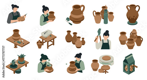 Isometric pottery crafting: artisans shaping clay vases, bowls, and tools