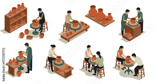 Ceramic art techniques and pottery wheel crafting in isometric style