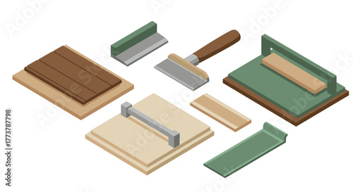 Isometric wooden and metal tools on a white background
