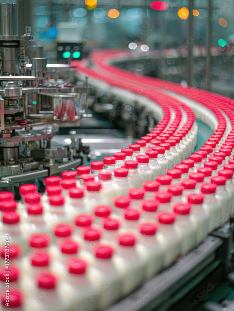 Obraz premium Rows of white bottles with red caps move seamlessly along a curved conveyor in a modern factory, illustrating automated production and efficiency in food or beverage manufacturing