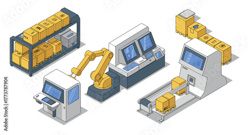 Isometric warehouse automation with robots and conveyor systems