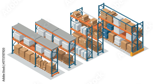 Isometric warehouse shelving with boxes and storage racks