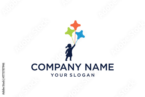 Little girl silhouette holding three colorful star balloons, flat design logo concept.