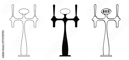 cartoon beer tap. Beer taps with handle. Draft beer dispenser or tower. Beer pump. Alcohol tools. Brewery, pub or bar. For oktoberfest, beer festival.