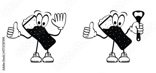 Cartoon stickman mascot beer glass and beer opener. For Beer bottle or beer tap. Alcohol drinks. Alcoholic tools. Brewery, restaurant, pub or bar concept. Drink a pin. For oktoberfest, beer festival. 