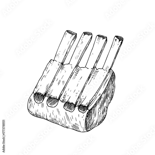 Vector Meat on the ribs. Graphic ink pork or beef illustration, isolated on background. Hand drawn line sketch. For designers, prints, logo, icon, menu, postcards, holiday, covers