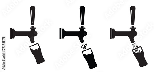 cartoon beer tap. Beer taps with handle. Draft beer dispenser or tower. Beer pump. Alcohol tools. Brewery, pub or bar. For oktoberfest, beer festival.