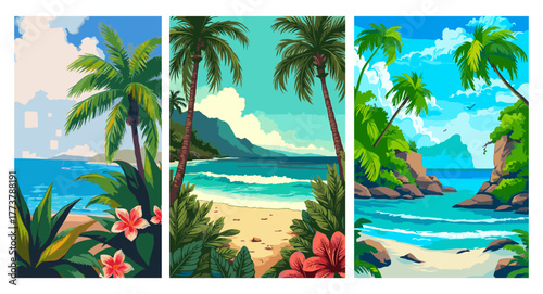 Tropical beach landscape with palm trees, ocean waves, and blue sky. Summer vacation, paradise island, travel, nature, and exotic coastal scenery concept.
