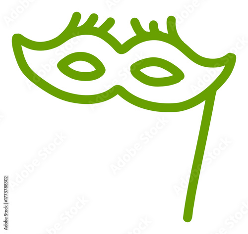 Green carnival mask sticker icon. A hand-drawn doodle of a masquerade mask for a party, Mardi Gras, or celebration.