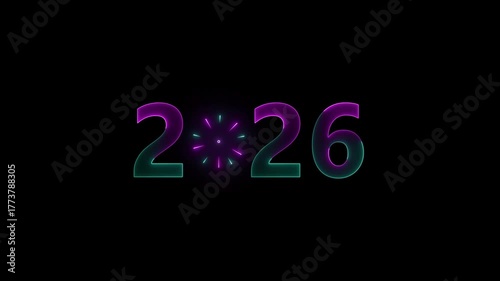 Neon Glowing Happy New Year 2026 Text on black background. 