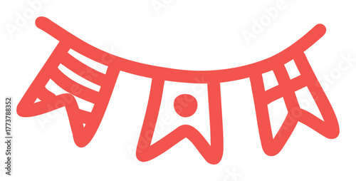 Small red bunting sticker icon. A simple hand-drawn doodle of a festive party garland for decorative designs.