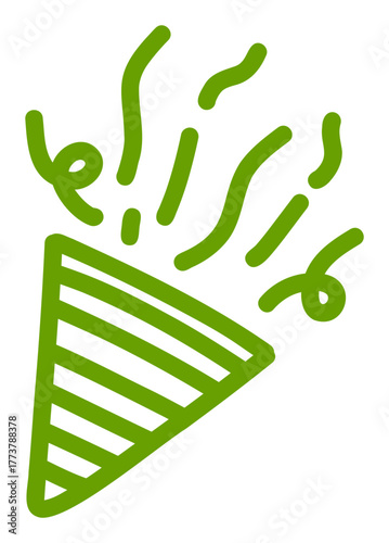 Green party popper sticker icon. A hand-drawn doodle of a confetti popper for birthday, New Year, or celebration events.