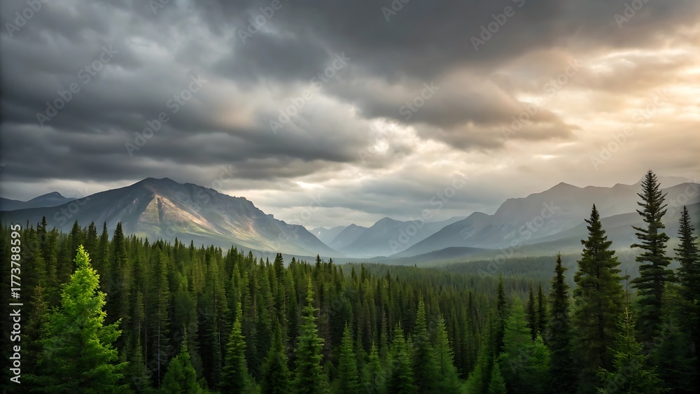 Obraz premium Forest and mountains under stormy sky