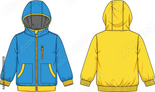 Children’s hooded jacket flat sketch, front and back view kids fashion design with zipper, pockets, color contrast, ribbed cuffs illustration template