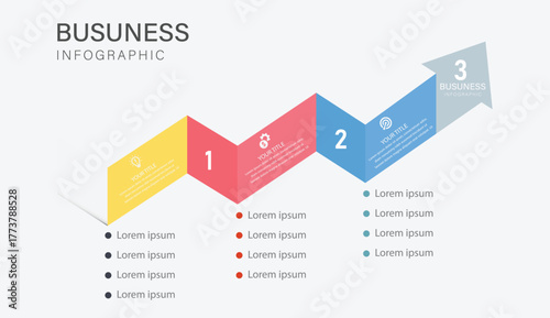 Modern zigzag business infographic with three colorful steps and upward arrow for presentation and strategy design