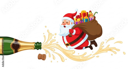 Santa Claus flying with a sack of gifts from a champagne bottle for New Year, Christmas  