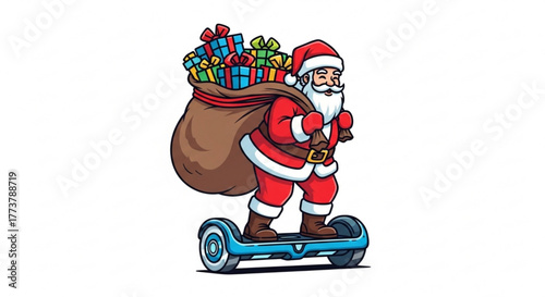Santa Claus riding a hoverboard with a bag of gifts for New Year, Christmas  