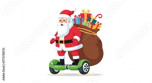 Santa Claus riding a hoverboard with a bag of gifts for Christmas  