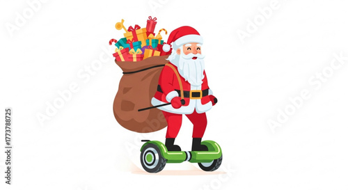 Santa Claus riding on a hoverboard carrying gifts for New Year, Christmas  
