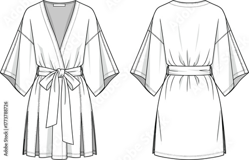 Women’s robe kimono flat sketch, front and back view fashion design with sash belt, wide sleeves, mid thigh length illustration template