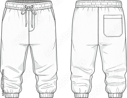 Fashion jogger pants technical flat sketch, front and back view, pinstripe casual trousers with elastic waistband, drawstring, pockets, cuffs illustration